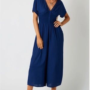 BILLA-77 Jumpsuit blue high waist,lace inset v-neck, button front and pockets XS